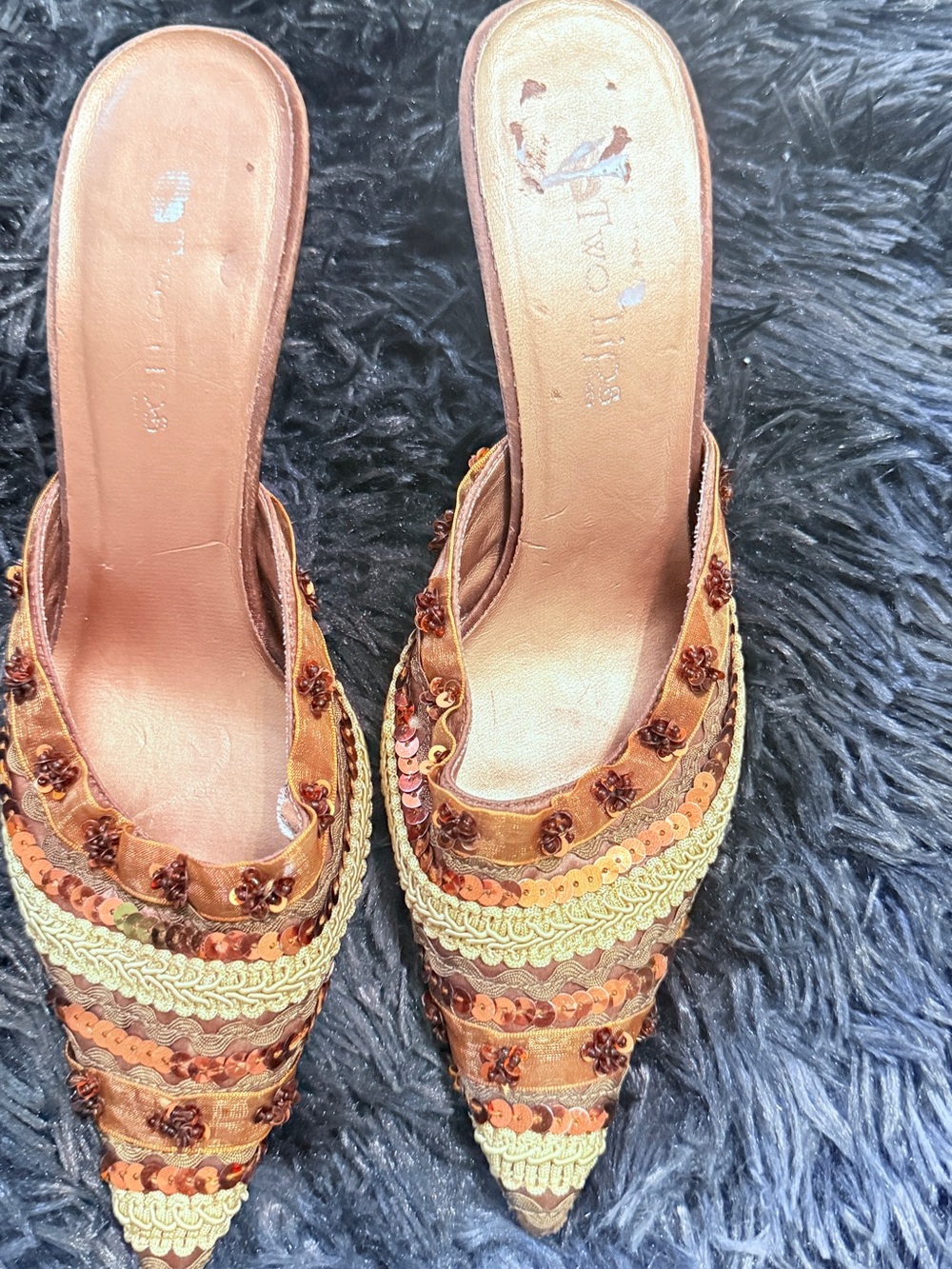 Metallic Bronze Pointed Toe  kitten mule with Embellished Trim